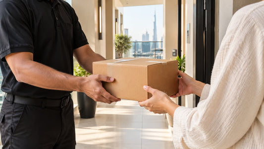 Courier handing a cardboard parcel to a customer at an apartment door for a Cash on Delivery order in the UAE