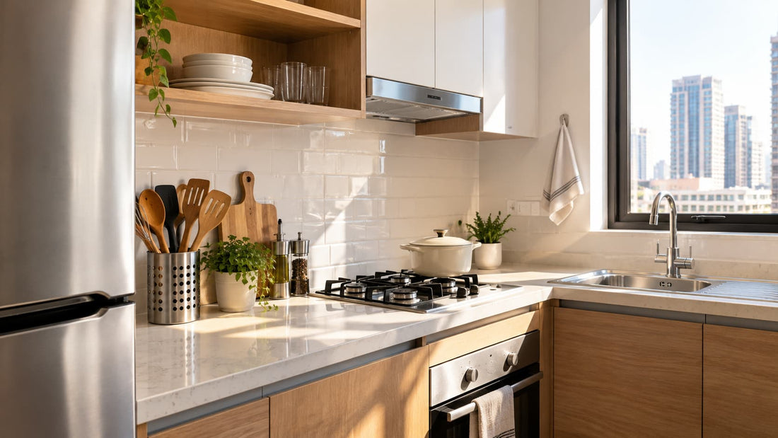 Small tidy modern apartment kitchen with limited counter space and utensils stored upright in a holder