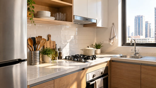 Small tidy modern apartment kitchen with limited counter space and utensils stored upright in a holder