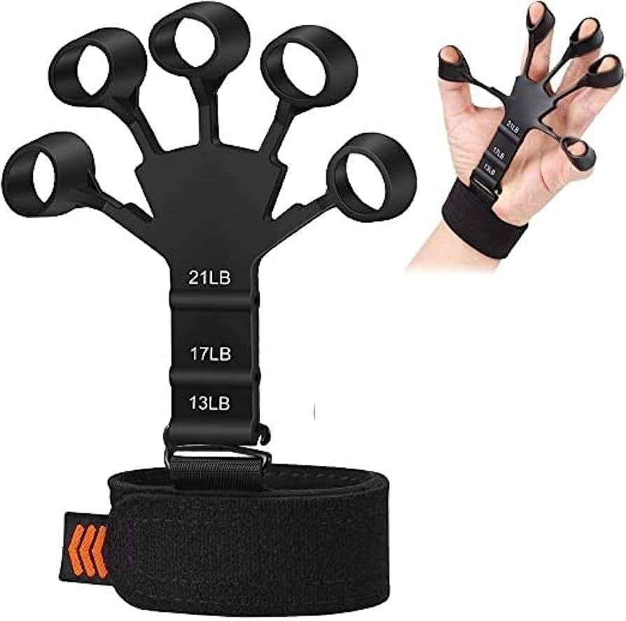 Finger grip trainer with metal hook