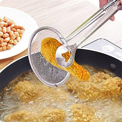 Frying tongs with built-in strainer