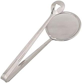 Draining oil from fried food with the strainer tongs