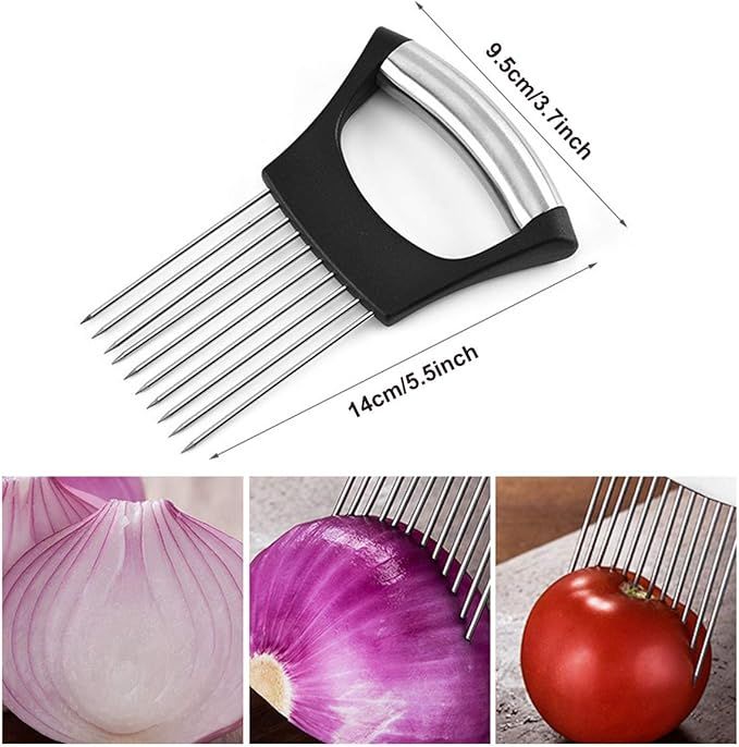Onion held steady by the prongs while slicing